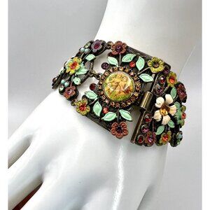 Vintage Michael Negrin Wide Statement Bracelet Enameled Flowers, Crystals, Cupid